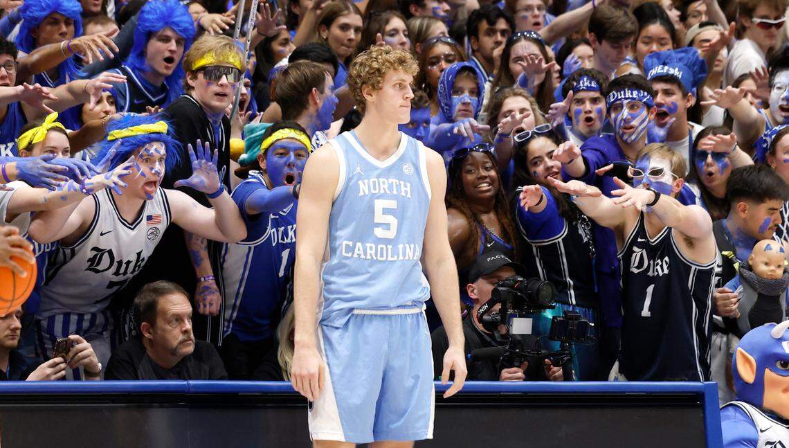 North Carolina’s Cade Tyson (5) is harassed by the Cameron Crazies as he waits to inbound the ball during the second half of Duke’s 87-70 victory over UNC at Cameron Indoor Stadium in Durham, N.C., Saturday, Feb. 1, 2025.