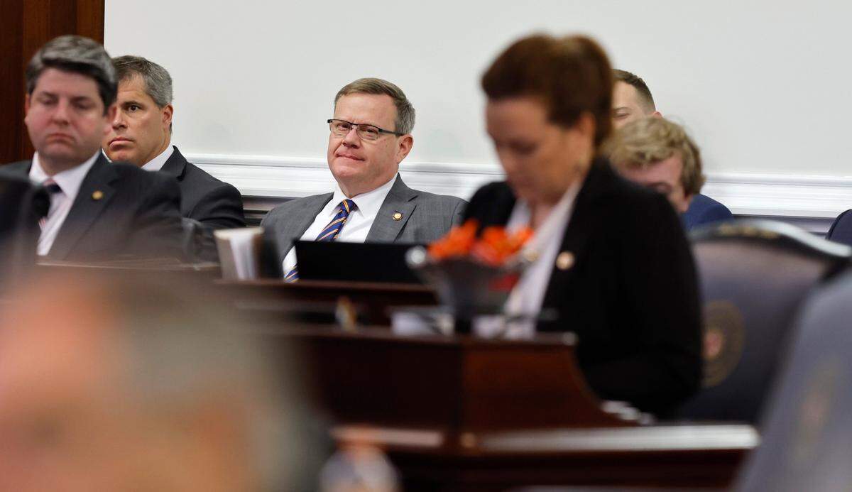 N.C. Speaker of the House Tim Moore listens as senators debate Senate SB 20, the “Care for Women, Children, and Families Act,” at the N.C. Legislature in Raleigh, N.C. Thursday, May 4, 2023.