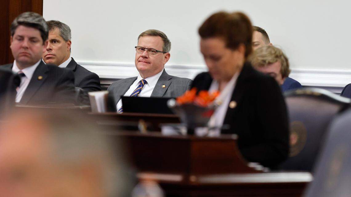 N.C. Speaker of the House Tim Moore listens as senators debate Senate SB 20, the “Care for Women, Children, and Families Act,” at the N.C. Legislature in Raleigh, N.C. Thursday, May 4, 2023.