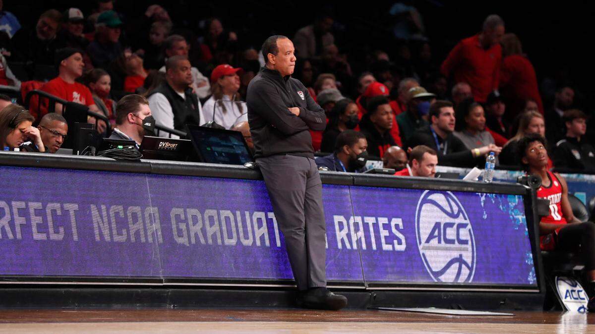 N.C. State head coach Kevin Keatts is not happy with the call by the officials during the first half of N.C. State’s game against Clemson in the first round of the ACC men’s basketball tournament at the Barclays Center in Brooklyn, N.Y., Tuesday, March 8, 2022.