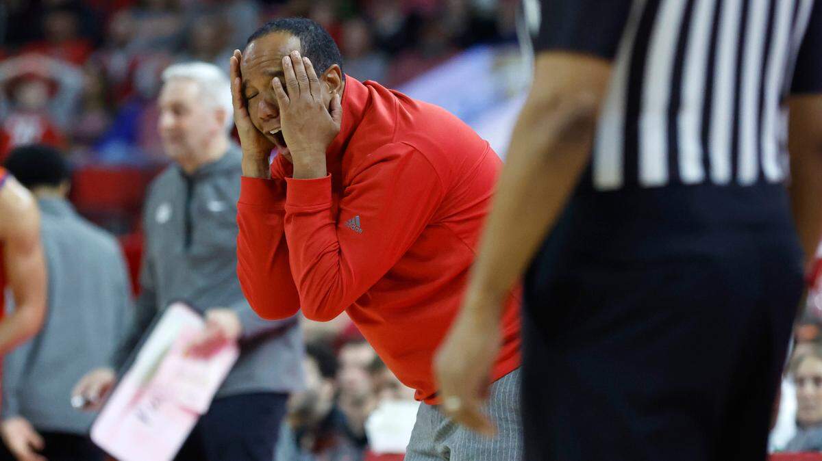 N.C. State head coach Kevin Keatts reacts to the call by the officials during the second half of Clemson’s 96-71 victory over N.C. State’s game at PNC Arena in Raleigh, N.C., Saturday, Feb. 25, 2023.