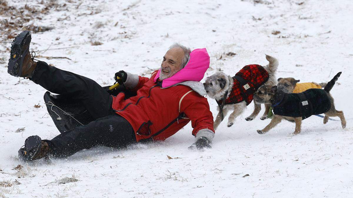 Joseph Huberman sleds down a hill at Dix Park in Raleigh trailed by his border terriers Boyse, Flare and Sunny Sunday morning, Jan. 25, 2026.