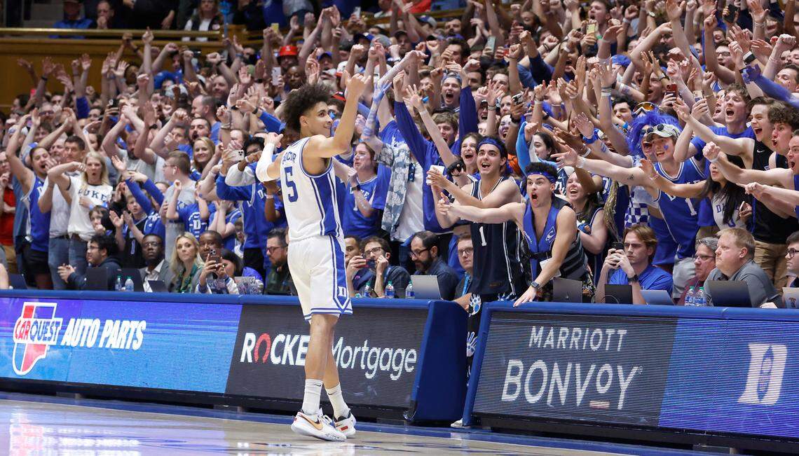 Duke’s Tyrese Proctor (5) celebrates with the Cameron Crazies in the final seconds of Duke’s 71-67 victory over N.C. State at Cameron Indoor Stadium in Durham, N.C., Tuesday, Feb. 28, 2023.