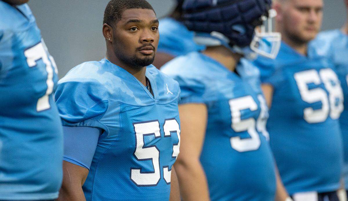 North Carolina senior offensive lineman Willie Lampkin (53) during the Tar Heels’ first practice of the season on Monday, July 29, 2024 in Chapel Hill, N.C.