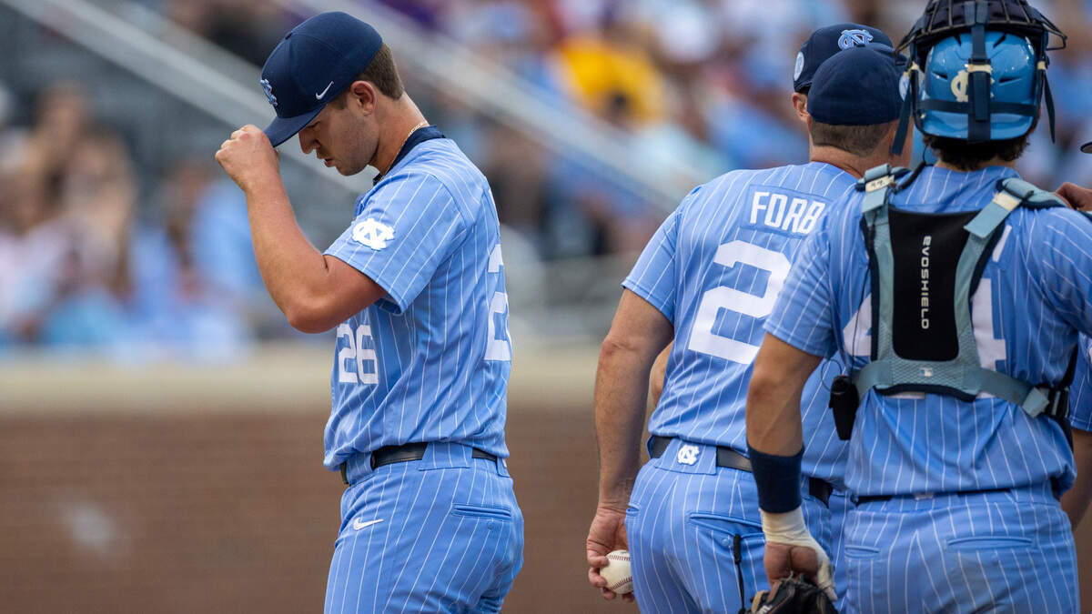 North Carolina pitcher Kyle Percival (26) leaves the mound after walking two and giving up two runs in the fourth inning against LSU during the NCAA Regional on Sunday, June 2, 2024 at Boshamer Stadium in Chapel Hill, N.C.