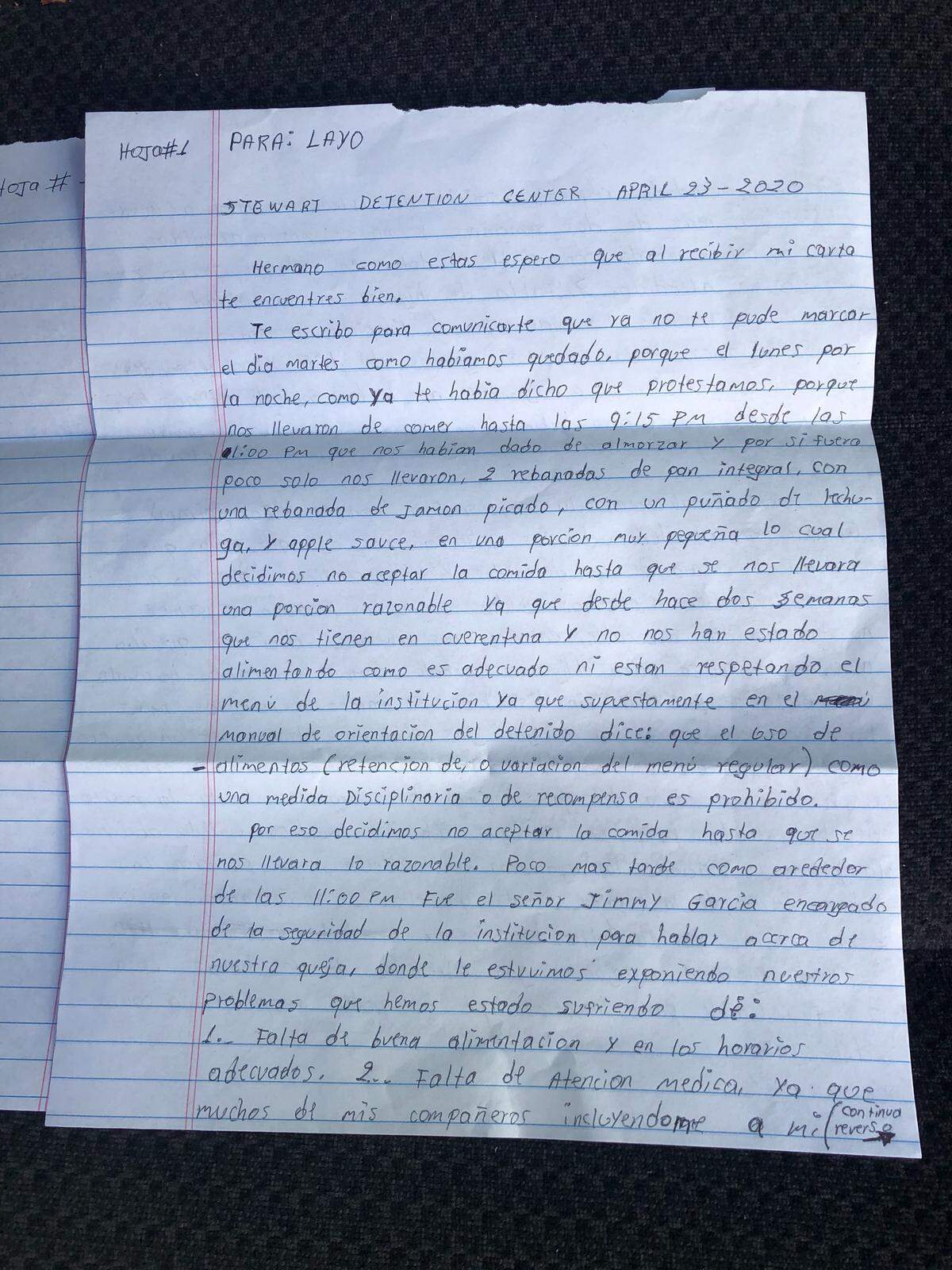 A letter written by Liborio Rodriguez to his brother in Spanish detailing the conditions inside the Stewart immigration detention center that led to him and fellow detainees to protest for better food and adequate coronavirus protections, which resulted in the use of pepper spray, rubber bullets and tear gas against them.