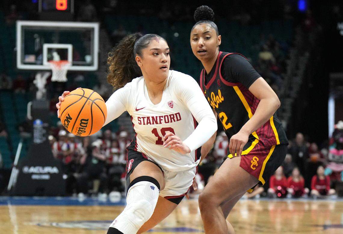 Stanford Cardinal guard Talana Lepolo (10) dribbles the ball against Southern California Trojans guard JuJu Watkins (12) during the Pac-12 Tournament women’s championship game at MGM Grand Garden Arena.