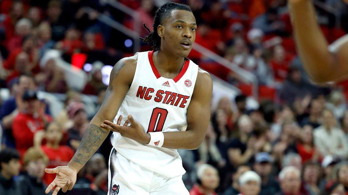 N.C. State’s DJ Horne celebrates after hitting a 3-pointer during a game against UT Martin at PNC Arena in Raleigh, N.C., Tuesday, Dec. 12, 2023.