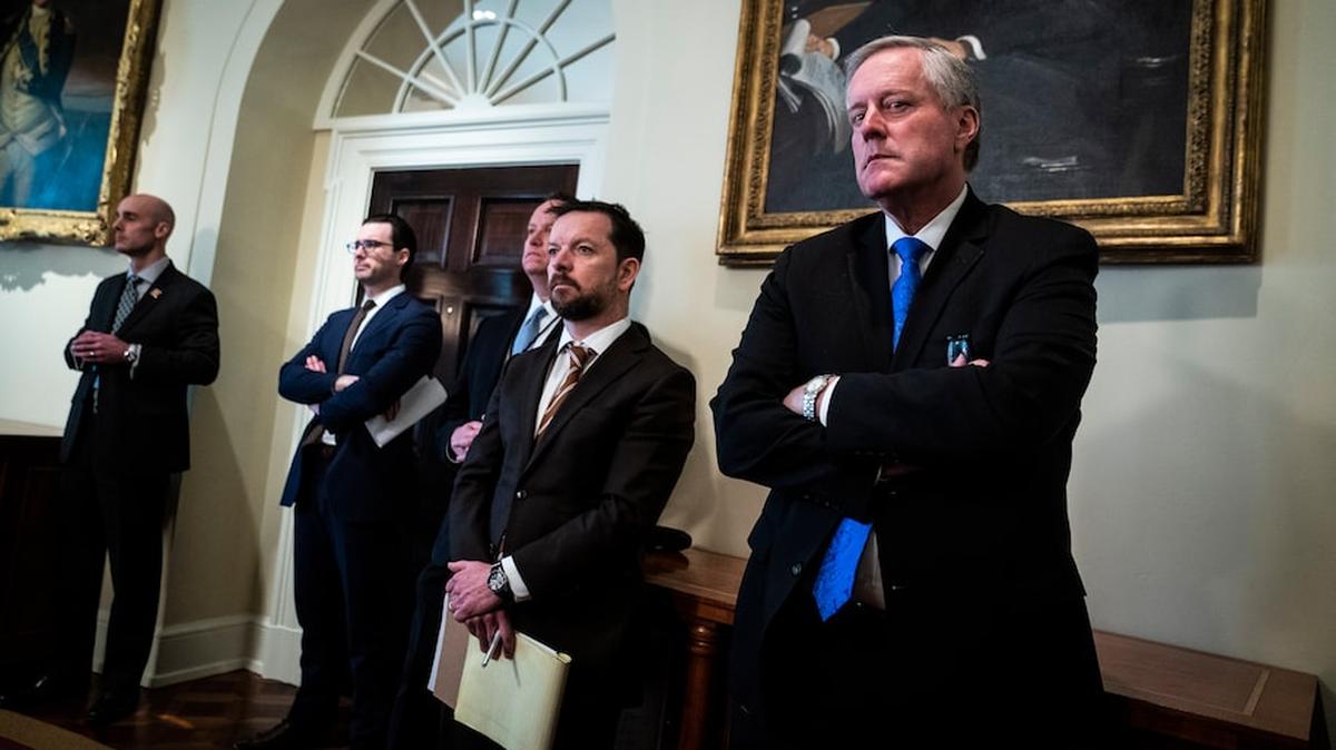 Mark Meadows listens during a briefing on the coronavirus pandemic at the White House in March 2020.