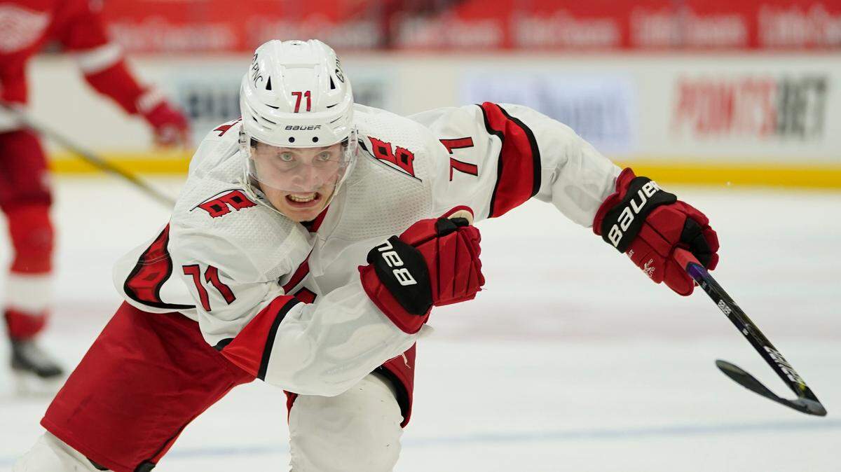 Carolina Hurricanes right wing Jesper Fast (71) skates against the Detroit Red Wings in the third period of an NHL hockey game Tuesday, March 16, 2021, in Detroit. (AP Photo/Paul Sancya)