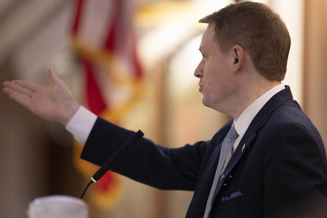 House Speaker Destin Hall admonishes spectators in the gallery for making outbursts during debate on the House floor amid a series of veto override votes Tuesday, July 29, 2025, at the General Assembly.