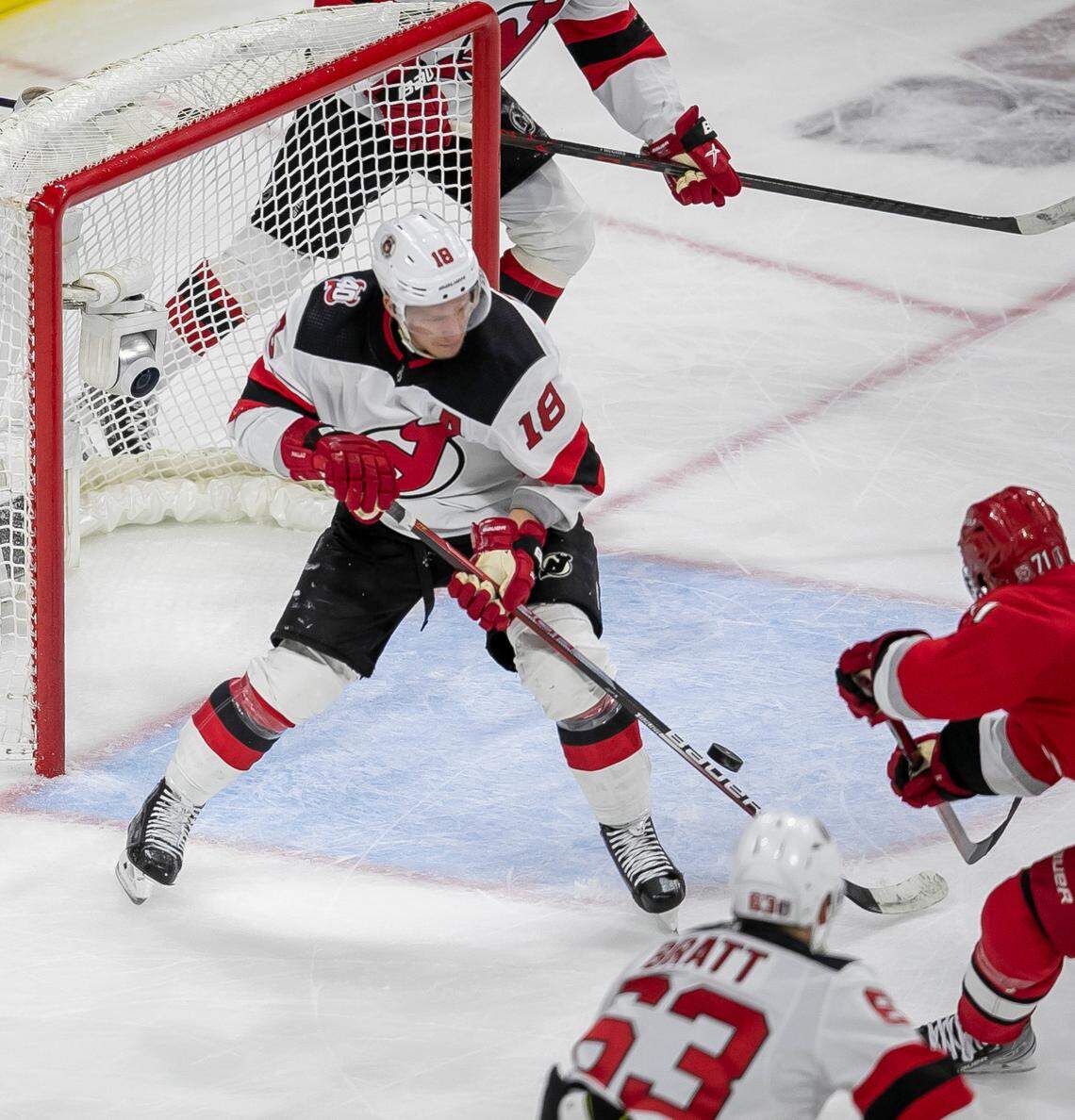 The Carolina Hurricanes Jesper Fast (71) scores on an open net in the third period to secure a 5-1 victory over the New Jersey Devils in Game 1 of their second round Stanley Cup playoff series on Wednesday, May 3, 2023 at PNC Arena in Raleigh, N.C.