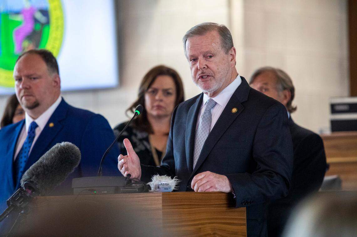 Senate leader Phil Berger answers questions from reporters during a press conference outlining the state budget Monday, June 21, 2021 at the North Carolina Legislative Building. The budget includes tax cuts, raises and bonuses.