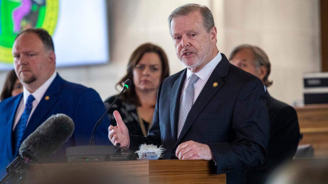 Senate leader Phil Berger answers questions from reporters during a press conference outlining the state budget Monday, June 21, 2021 at the North Carolina Legislative Building. The budget includes tax cuts, raises and bonuses.