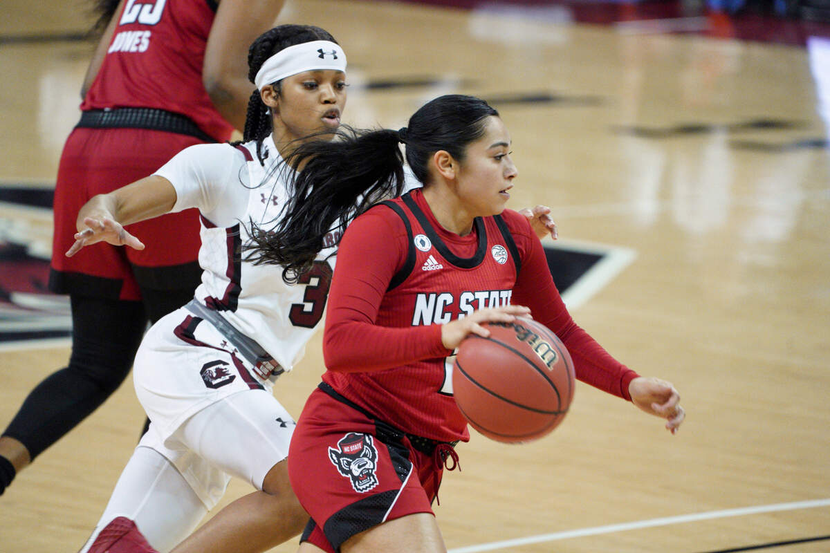 North Carolina State guard Raina Perez drives next to South Carolina guard Destanni Henderson (3) during the first half of an NCAA college basketball game Thursday, Dec. 3, 2020, in Columbia, S.C. N.C. State won 54-46.