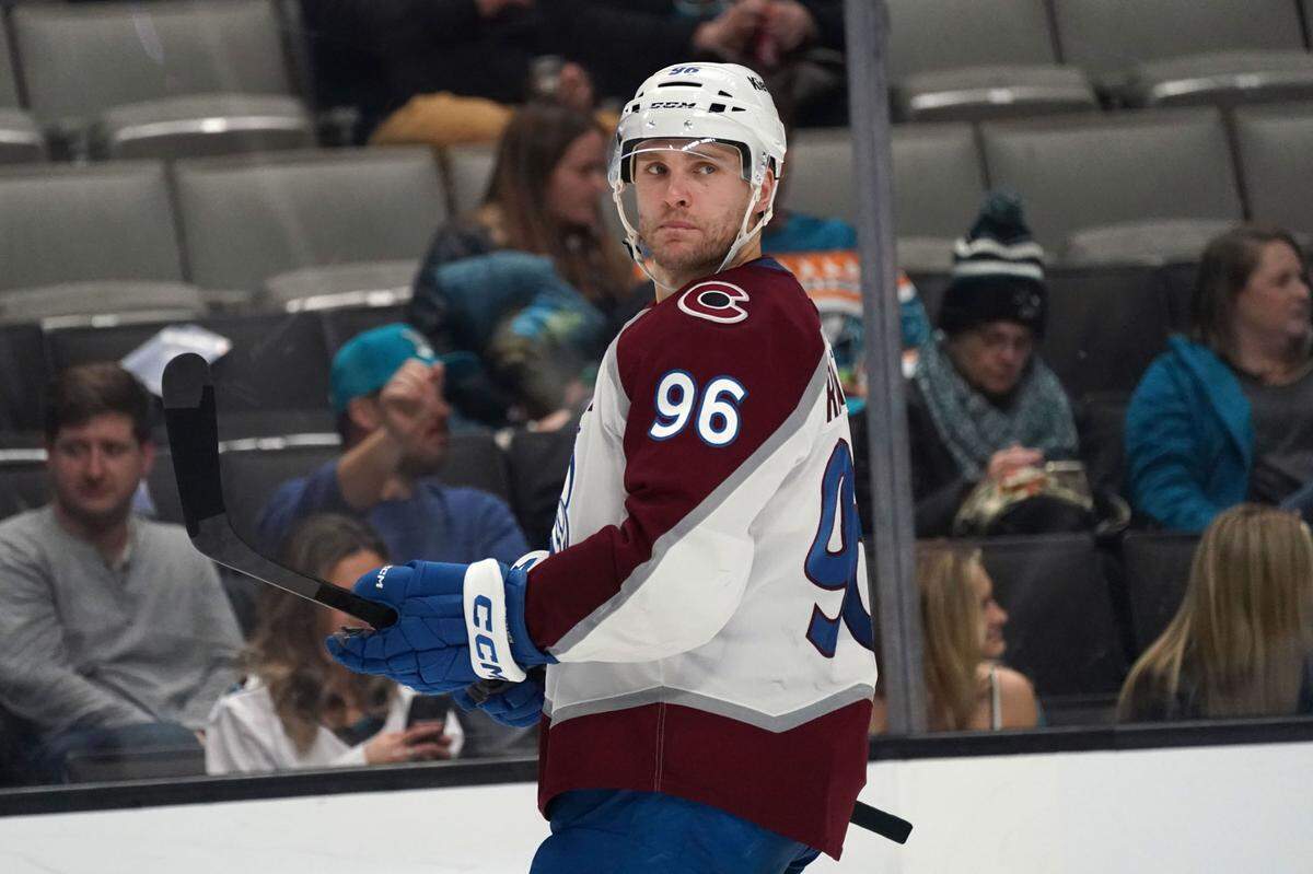 Colorado Avalanche right wing Mikko Rantanen (96) waits for the action to resume against the San Jose Sharks in the third period at SAP Center at San Jose.