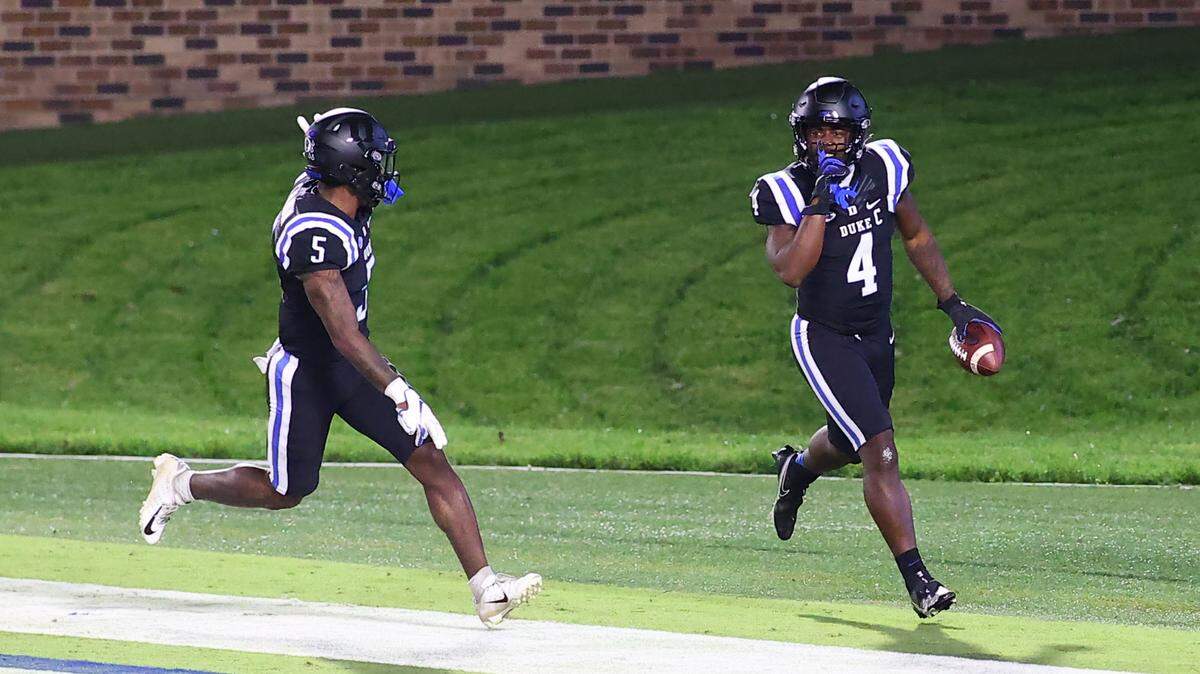 Duke Blue Devils running back Deon Jackson (4) scores a touchdown during the first quarter of the game against the Charlotte 49ers at Wallace Wade Stadium.