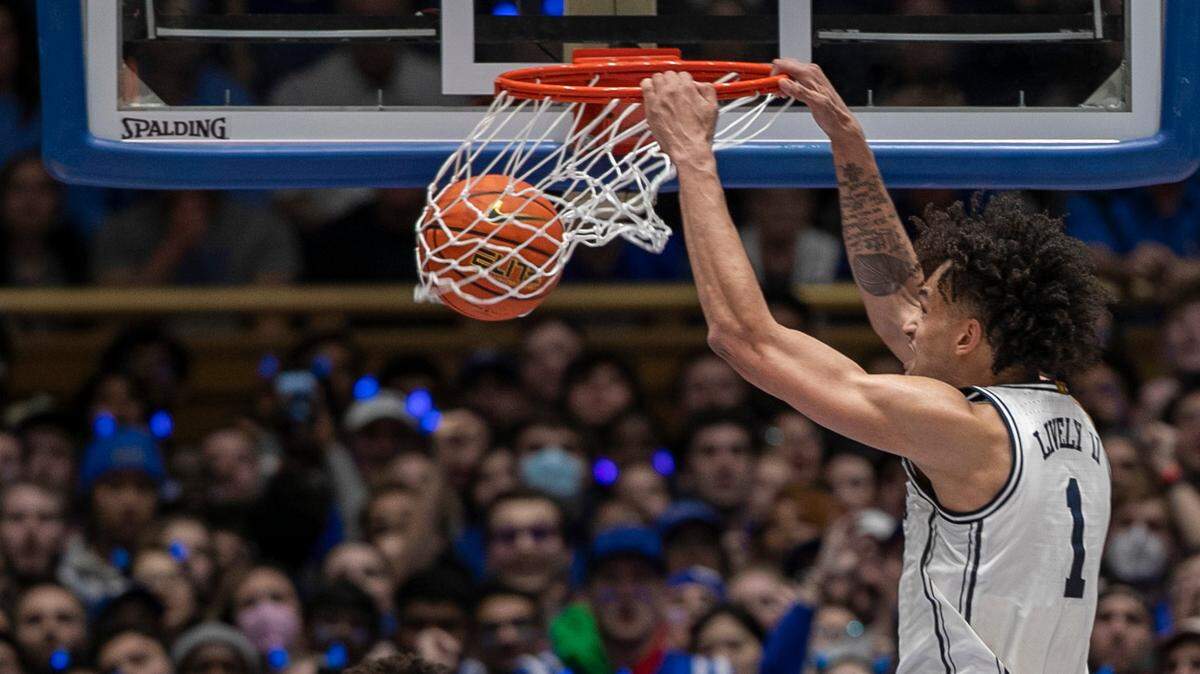 Duke’s Dereck Lively II (1) dunks to give the Blue Devils a 59-57 lead with 1:32 to play and helping to secure their 63-57 win over North Carolina on Saturday, February 4, 2023 at Cameron Indoor Stadium in Durham, N.C.