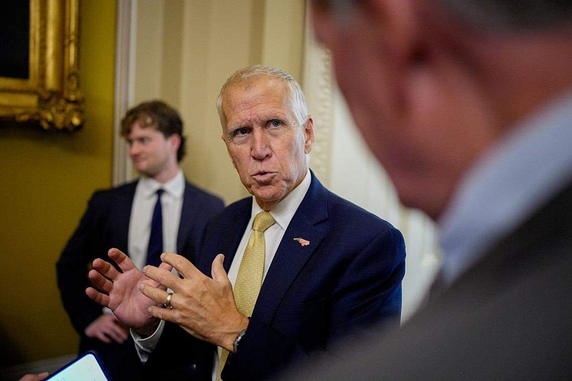 WASHINGTON, DC - OCTOBER 7: Sen. Thom Tillis (R-NC) speaks to reporters after a weekly Republican policy luncheon on Capitol Hill on October 7, 2025 in Washington, DC. The government remains shut down after Congress failed to reach a funding deal last week. (Photo by Andrew Harnik/Getty Images)