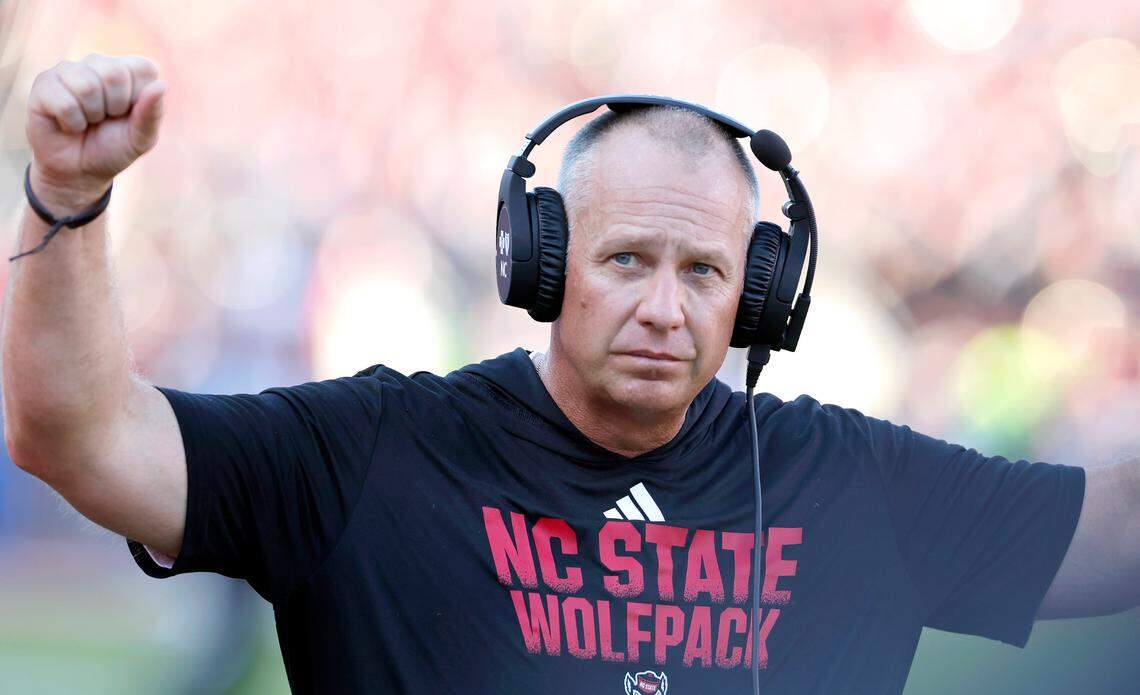 N.C. State head coach Dave Doeren motions at the start of the fourth quarter during the Wolfpack’s 24-17 victory over Clemson at Carter-Finley Stadium in Raleigh, N.C., Saturday, Oct. 28, 2023.