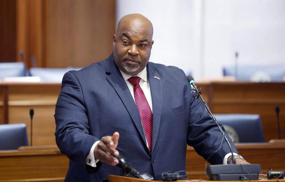 Lt. Gov. Mark Robinson speaks during a press conference at the Legislative Building in Raleigh, N.C., Thursday, Oct. 12, 2023.