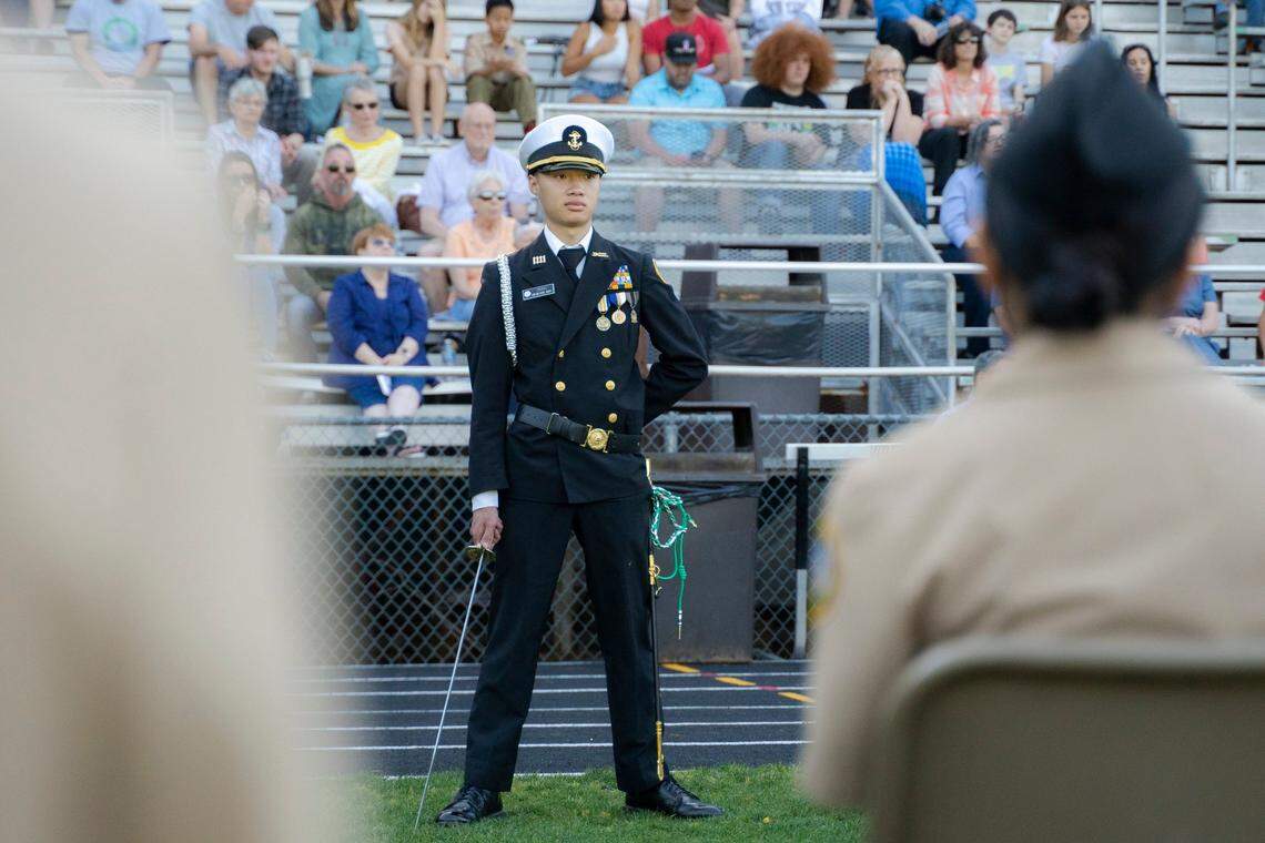 Graduating Executive Officer Woodward Tran at Cary High School’s Naval Junior ROTC Change of Command Ceremony in Cary, N.C. on Tuesday, May 17, 2022. Tran will start school at Virginia Military Institute in July.