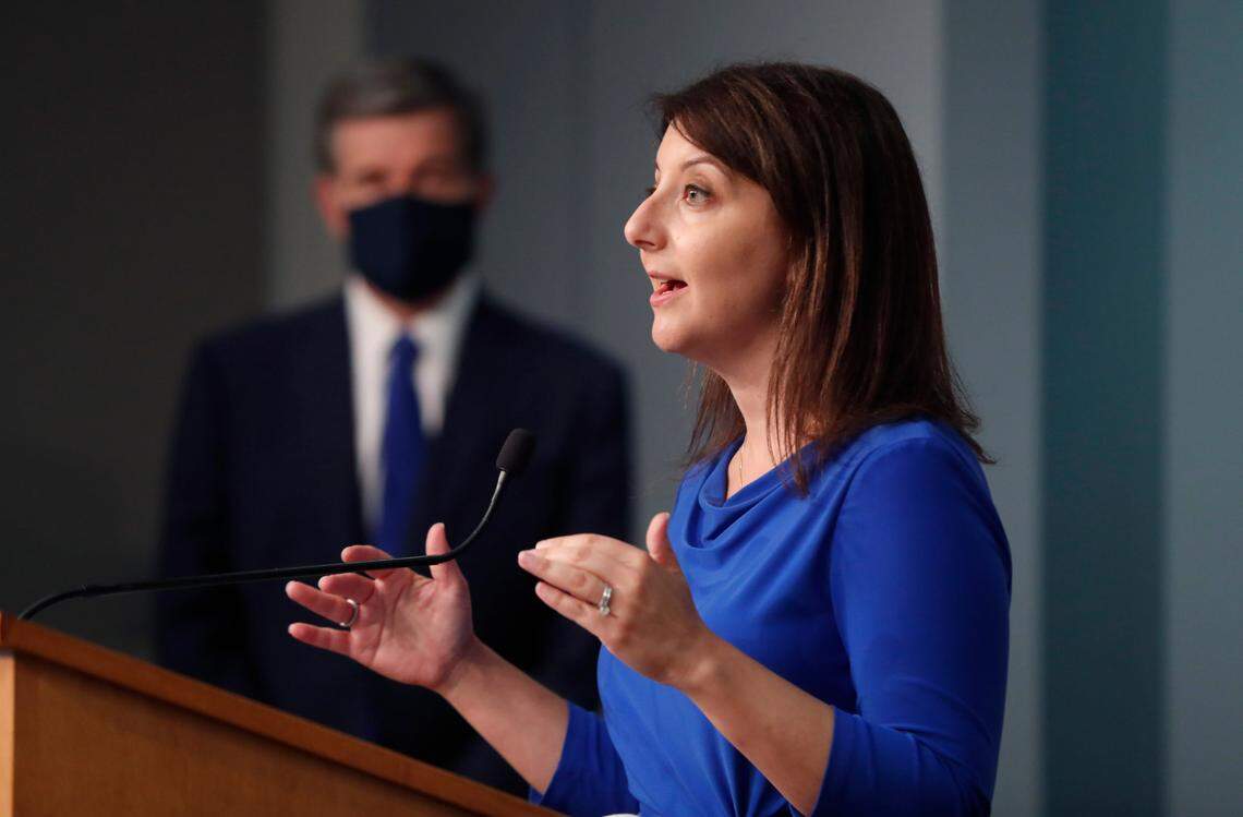 Dr. Mandy Cohen, secretary of the state Department of Health and Human Services, answers a question during a briefing at the Emergency Operations Center in Raleigh, N.C., Thursday, July 9, 2020.