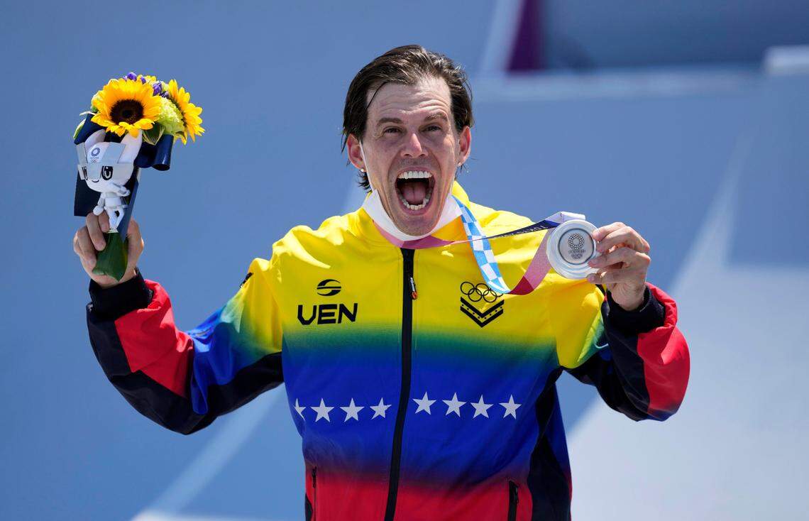 Daniel Dhers of Venezuela poses with his silver medal in the men’s BMX freestyle final at the 2020 Summer Olympics, Sunday, Aug. 1, 2021, in Tokyo, Japan.