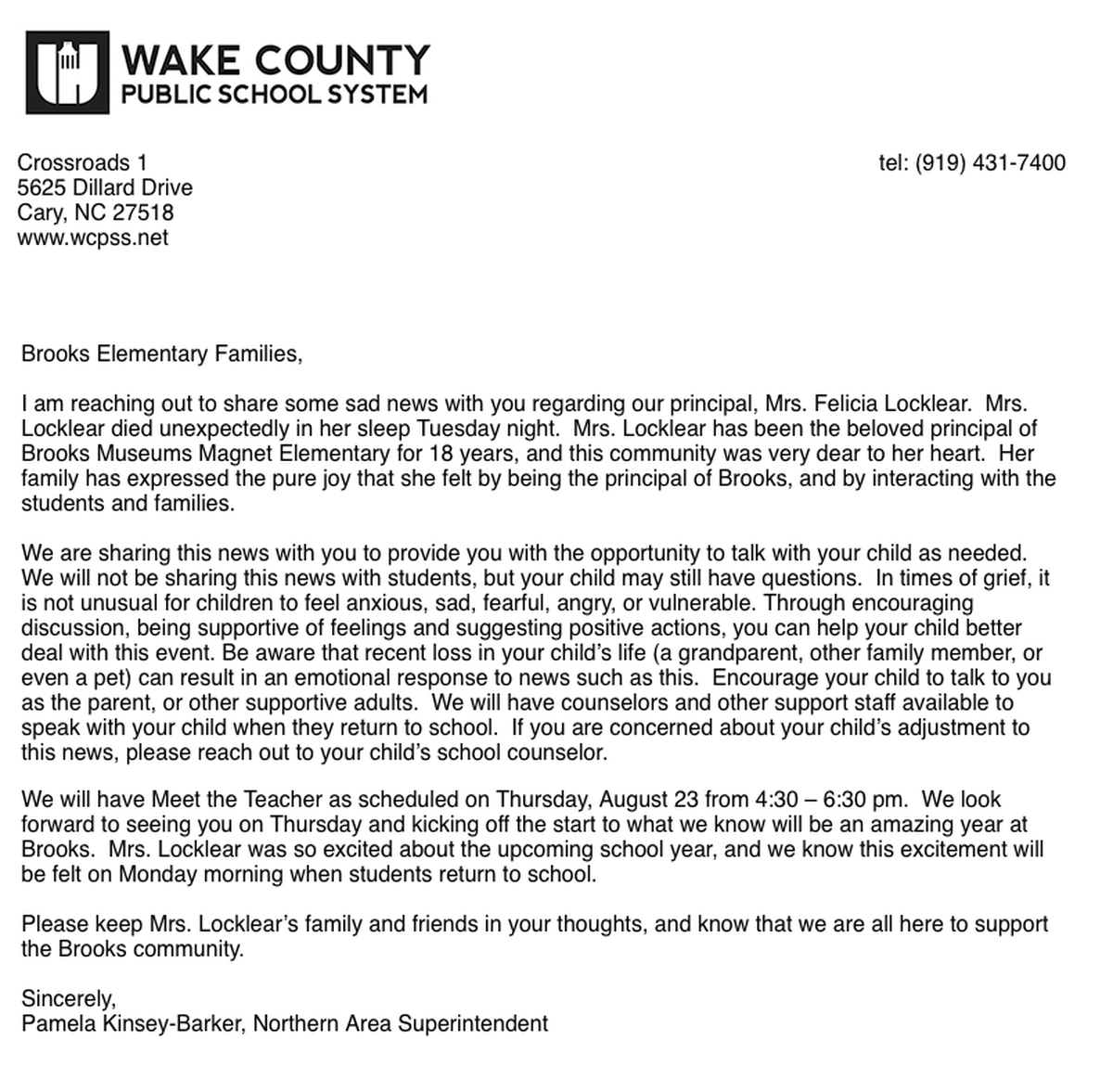 Wake County school system letter sent to families at Brooks Elementary School telling them about the death of their longtime principal, Felecia Locklear.