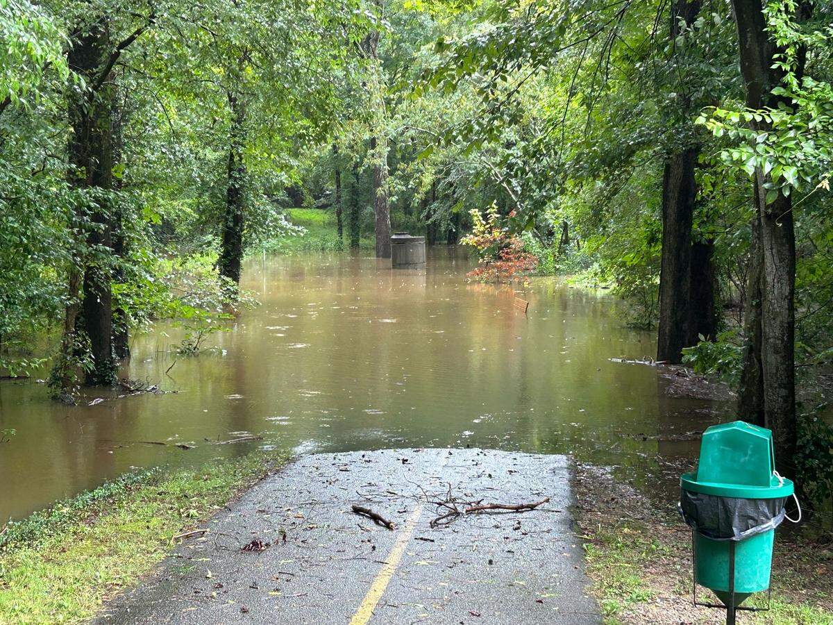 Heavy rains brought by Tropical Storm Debby caused flooding at the Crabtree Creek Greenway near Milburnie Drive in Raleigh, North Carolina, on Thursday, Aug. 8, 2024.