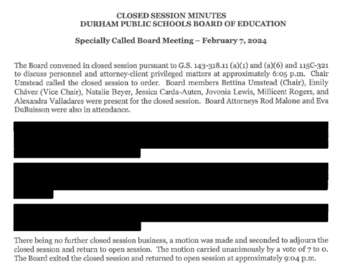 An example of closed session meetings the Durham Public Schools attorney provided to The News & Observer in response to a public records request. This was the night Pascal Mubenga resigned as superintendent.