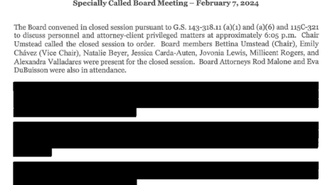 An example of closed session meetings the Durham Public Schools attorney provided to The News & Observer in response to a public records request. This was the night Pascal Mubenga resigned as superintendent.