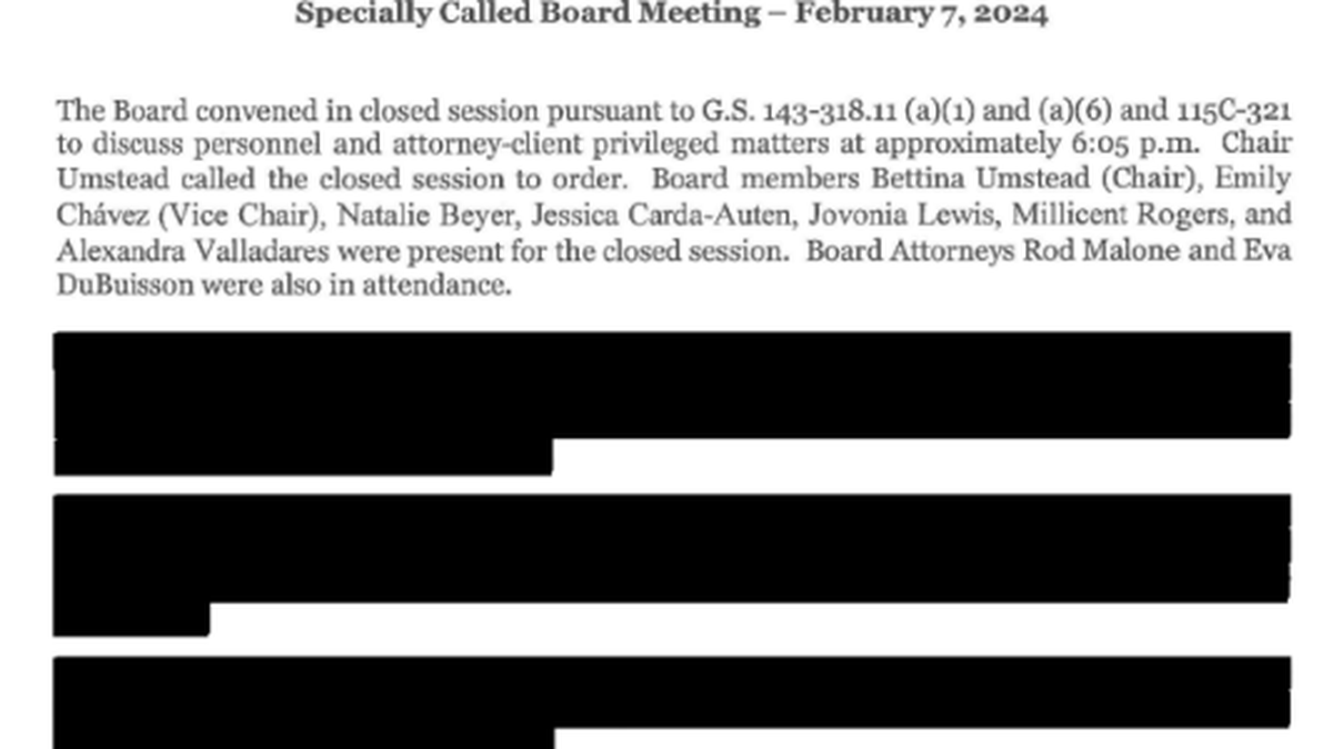 An example of closed session meetings the Durham Public Schools attorney provided to The News & Observer in response to a public records request. This was the night Pascal Mubenga resigned as superintendent.