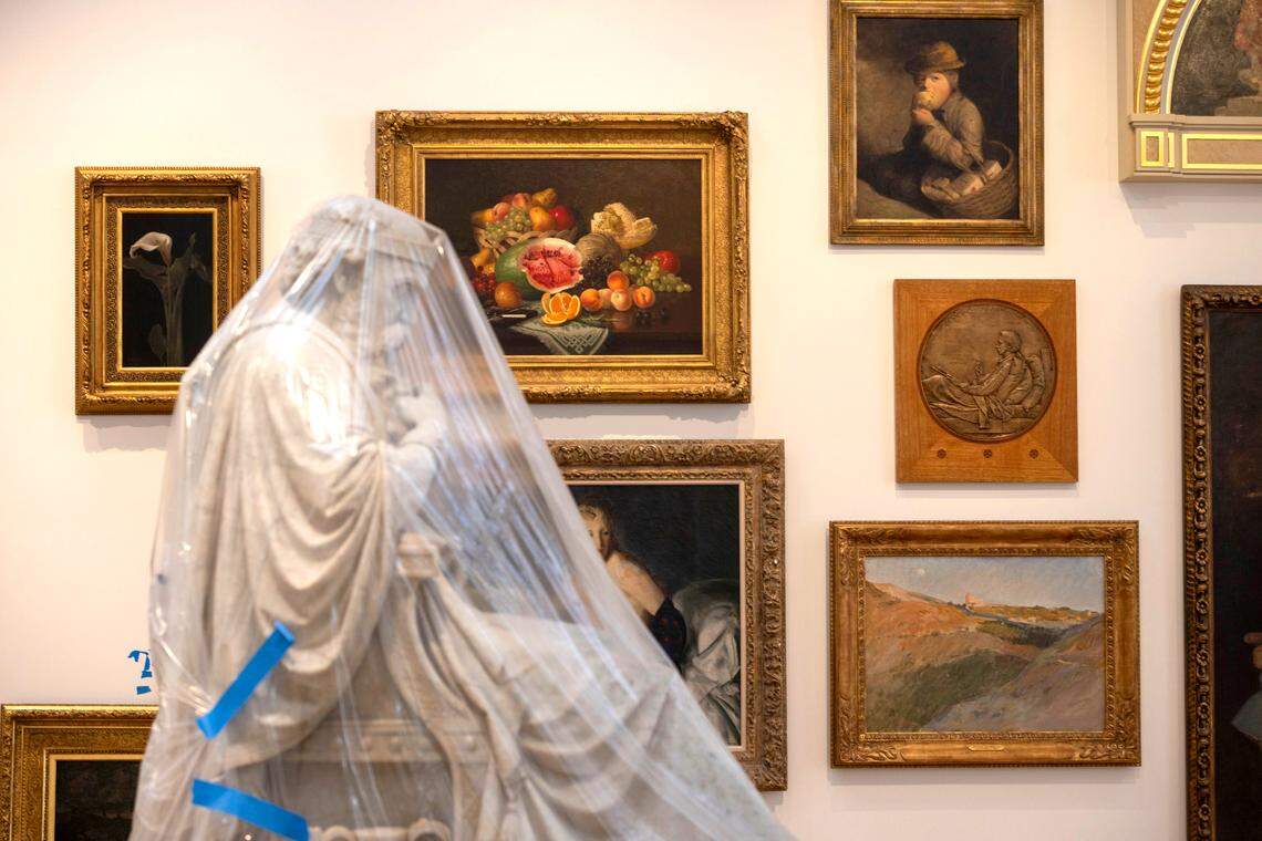 The marble sculpture of Saul under the influence of the Evil Spirit, by William Wetmore Story, is protected in the American Gallery as the museum undergoes a reinstallation of their collection on Tuesday, August 2, 2022 in Raleigh, N.C.