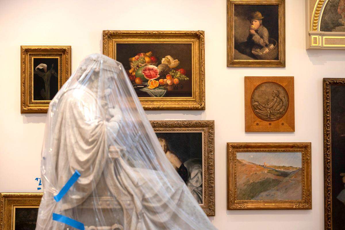 The marble sculpture of Saul under the influence of the Evil Spirit, by William Wetmore Story, is protected in the American Gallery as the museum undergoes a reinstallation of their collection on Tuesday, August 2, 2022 in Raleigh, N.C.