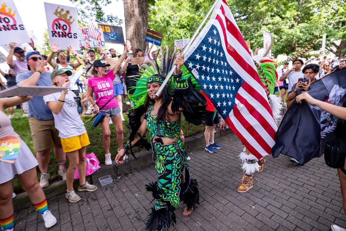 Hundreds of demonstrators rally at the North Carolina State Capitol on Saturday, June 14, 2025. The event was one of dozens held across the state and hundreds nationwide during what organizers called a nationwide day of defiance against the Trump administration.