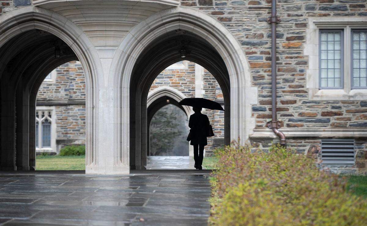 Light foot traffic on a usually bustling Duke University campus at the residential Crowell Quad House on Towerview Road on Tuesday, March 16, 2021 in Durham, N.C. 