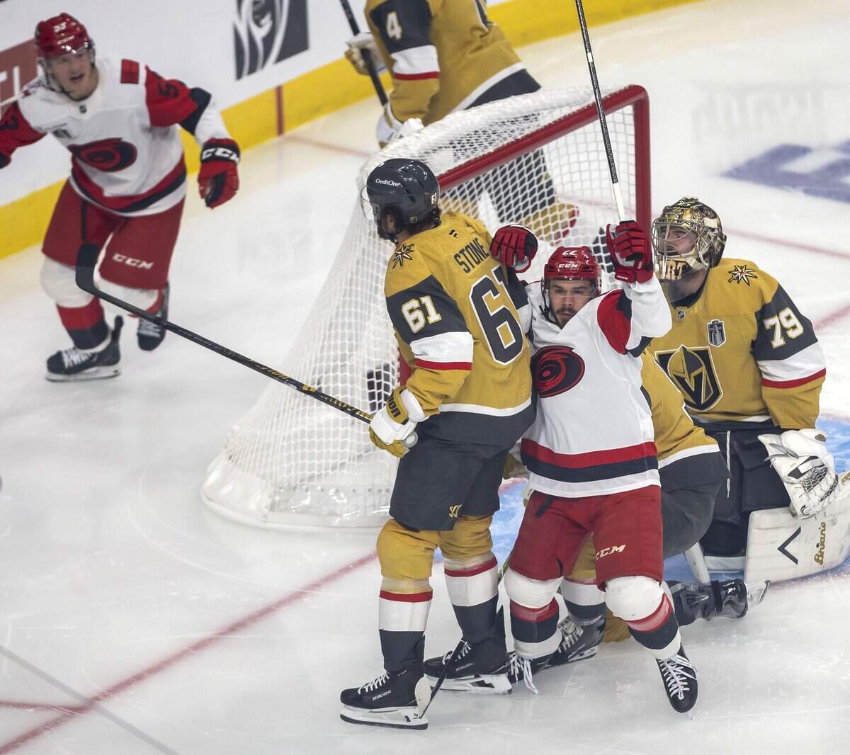 Carolina Hurricanes center Logan Stankoven (22) reacts after scoring  on Vegas goalie Carter Hart (79) to take a 1-0 lead in the first period in Game 4 of the Stanley Cup Final against Vegas, on Tuesday, June 9, 2026 in Las Vegas, NV