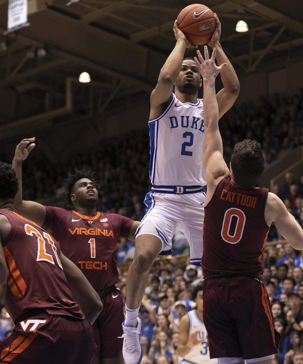 Duke’s Cassius Stanley (2) puts up a shot over Virginia Tech’s Hunter Cattoor (0) during the first half on Saturday, February 22, 2020 at Cameron Indoor Stadium in Durham, N.C. Stanley lead all scores with 21 points in the Blue Devil’s 88-64 victory.