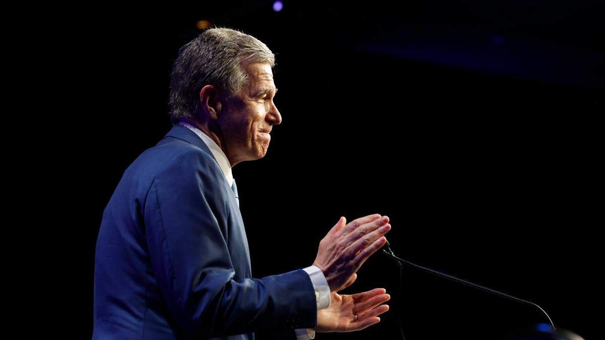 Then-Gov. Roy Cooper speaks during the North Carolina Democratic Party Unity Dinner at the Raleigh Convention Center on July 20, 2024.