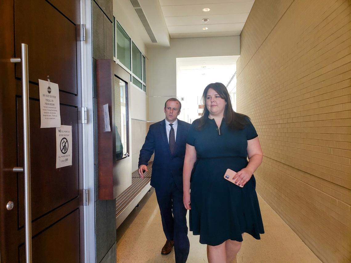 Daniel Mohar, left, and his attorney Emilia Beskind walk into a Durham Superior Court courtroom on March 28, 2022. Mohar was on trial for second-degree murder for the death of Teddy Tivnan, who died after an encounter with Mohar at a Durham bar on June 5, 2019.
