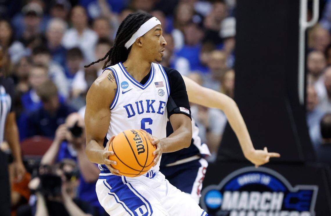 Duke’s Maliq Brown (6) looks to pass during the first half of Duke’s game against Arizona in the Sweet 16 round of the 2025 Men’s NCAA Basketball Championship at the Prudential Center in Newark, N.J., Thursday, March 27, 2025.
