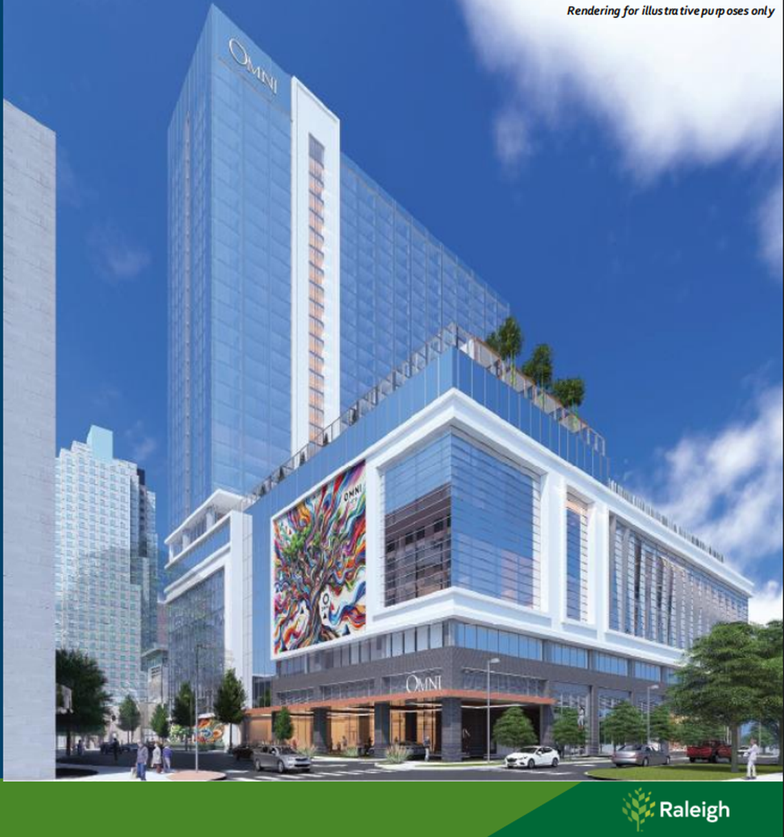A rendering of the new downtown Omni hotel in front of Memorial Auditorium