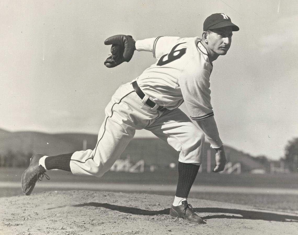 Mt. Olive’s Ray Scarborough pitches at Navy Pre-Flight at St. Mary’s base during World War II. Scarborough was stationed in Chapel HIll in 1943.