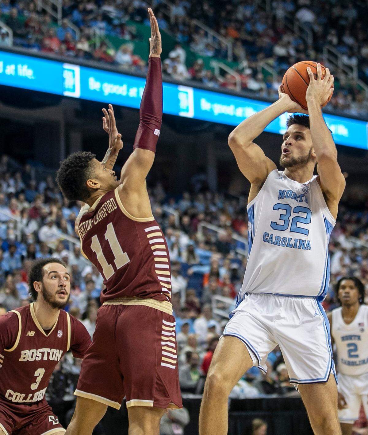 North Carolina’s Pete Nance (32) puts up a shot against Boston College’s Makai Ashton-Langford (11) in the second half during the second round of the ACC Tournament on Wednesday, March 8, 2023 at the Greensboro Coliseum in Greensboro, N.C.