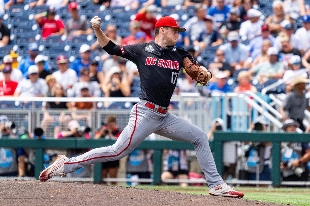 NC State Wolfpack starting pitcher Sam HIghfill (17) pitches against the Kentucky Wildcats during the first inning at Charles Schwab Field Omaha.