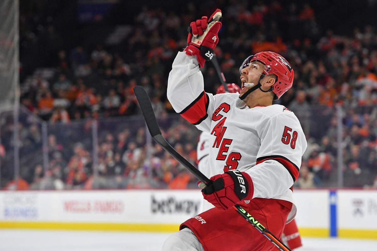 Oct 30, 2023; Philadelphia, Pennsylvania, USA; Carolina Hurricanes left wing Michael Bunting (58) celebrates his goal against the Philadelphia Flyers during the second period at Wells Fargo Center. Mandatory Credit: Eric Hartline-USA TODAY Sports