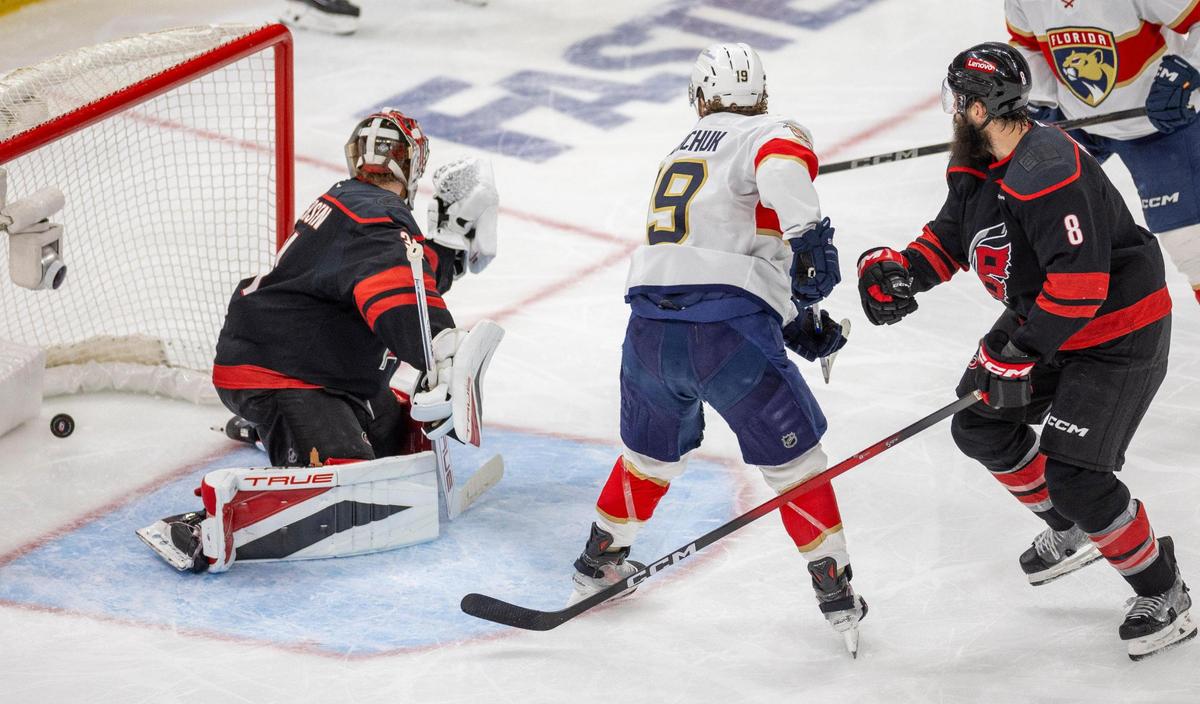Florida Panthers left wing Matthew Tkachuk (19) scores on Carolina Hurricanes goalie Frederik Andersen (31) in the second period during Game 5 of their Stanley Cup series on Wednesday, May 28, 2025 at Lenovo Center in Raleigh, N.C.