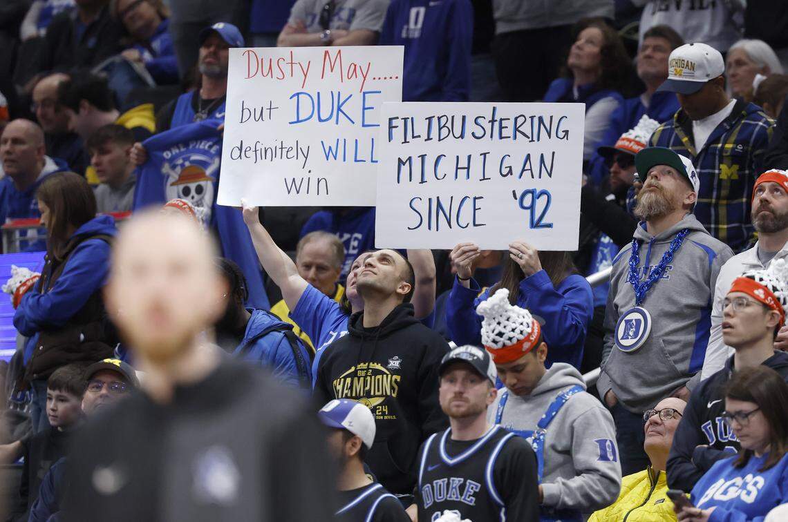 Fans display their signs during Duke basketball’s open practice during ESPN’s College GameDay at Capital One Arena in Washington, D.C., Saturday, Feb. 21, 2026.