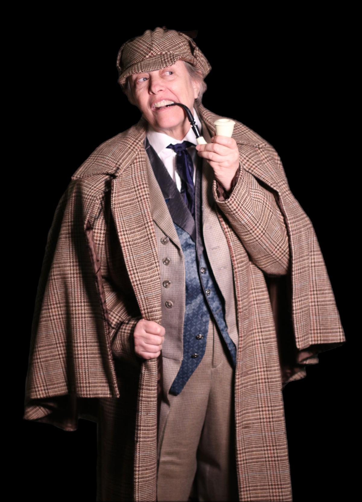 Mary Rowland as Holmes in Raleigh Little Theatre’s production of “Baskerville: A Sherlock Holmes Mystery” by Ken Ludwig.
